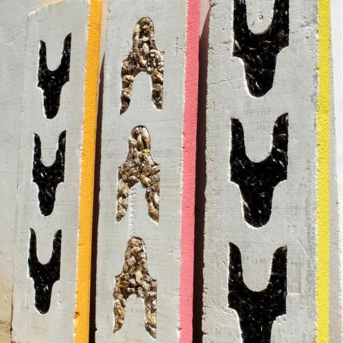 installation - ''3 stèles''- expansé - peinture - coquilles d'huîtres et moules - 200x60x12 cm