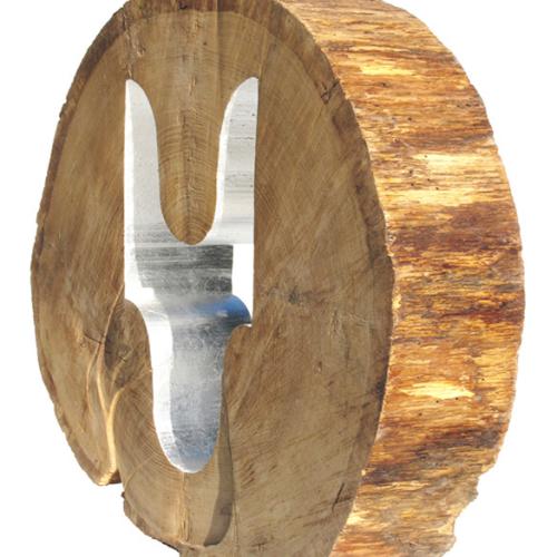 Sculpture ST S-413 - série ''Coeur d'Arbre'' - bille de chêne brut+ doré à la feuille d'argent - 71x58x14 cm -