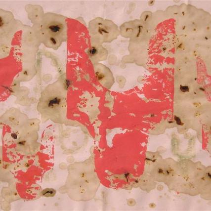 Œuvre sur papier de la série ''Eloge de la Tomate'' « ST-P 666-A» sucs, chairs, peaux et graines de tomates+ chlorophylle+ acrylique sur papier buvard rose- 50x65 cm