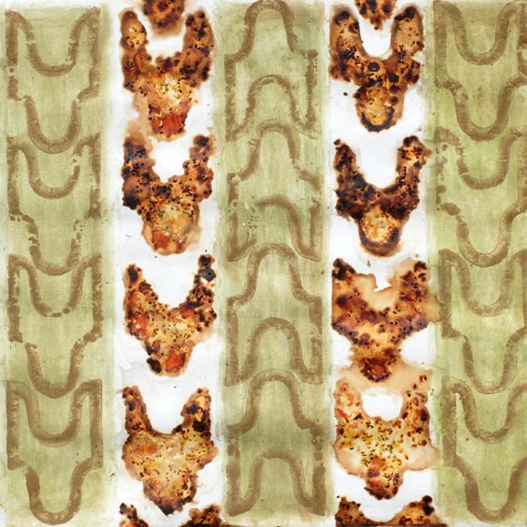 série '' Eloge de la tomate'' - tomate jus peau graines chlorophylle + terre sur papier - 70x100 cm