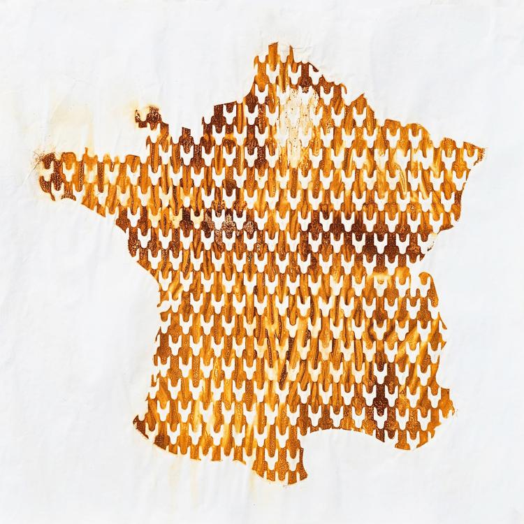 série ''Carte de France'' - ici rouille sur papier 1 pour dyptique ''le même n'est pas l'identique'' - 150 x 150 cm
