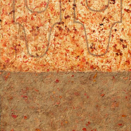 oeuvre série ''éloge de la tomate''-jus graines chairs et peaux de tomate+terre sur toile marouflée sur bois-173x114 cm