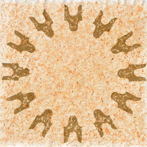 oeuvre série ''Eloge de la Tomate'' sur toile libre 215x215 cm- graines sucs chair peaux de tomate+terre crue