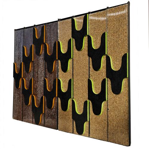 diptyque - peinture sur chassis en fer + grains de café vert et torréfié + modules extrudé sur polycarbonate alvéolaire- 135 x 205 cm