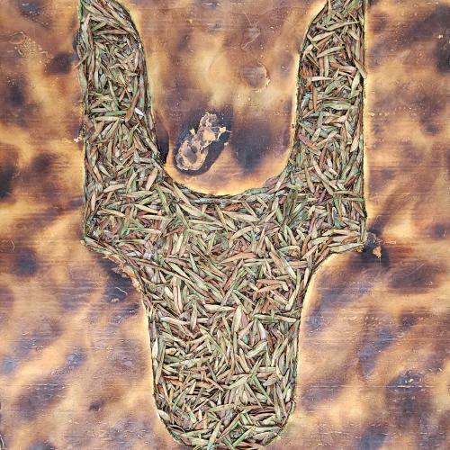  série ''brulé'' 1 - feuilles d'olivier sur panneau mousse expansée rigide partiellement brulée -120 x100 x10 cm