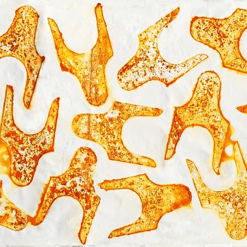 Série ''Rouille'' sur toile libre- '' Désordre II ''- empreintes avec F.initiale de1991- 73 x173 cm