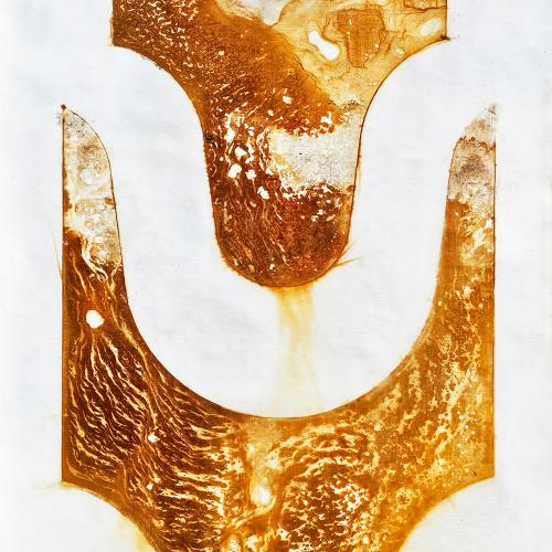 Série ''Rouille''sur toile libre 2GF- empreintes ici '' Forme initiale''de 1991-140x46 cm