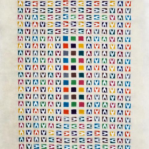 Peinture coloriste ''pièce unique'' sur toile libre en coton -345 carrés colorés et 312 pictos blancs- 270x180 cm