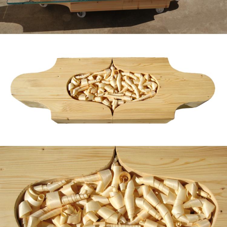 Table basse ''COPO''- 2 modules en bois massif naturel+copeaux authentiques+ 6 roulettes+ option: verre ultra blanc trempé-103x32x21 ou avec verre 115x55x22 cm